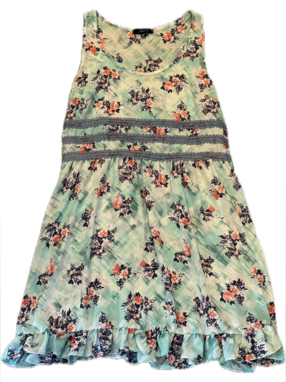 Soprano Mint Floral Ruffle Tank Dress with Navy and Orange Floral Accents